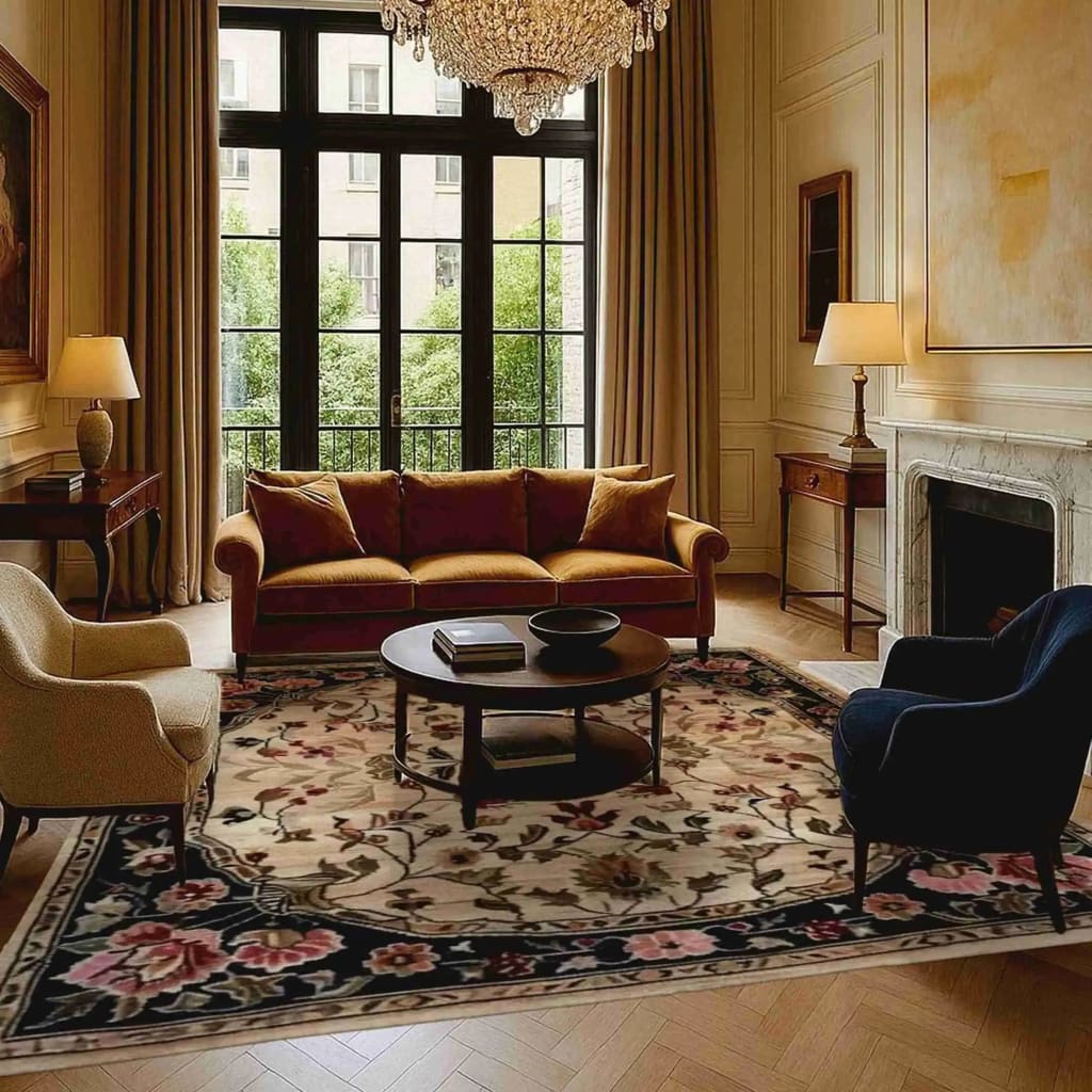 Elegant living room featuring a 'Petals in the Breeze' hand-knotted area rug. The square floral rug, perfect as a dining table rug or in a bedroom setting, adds a touch of sophistication with its Persian-inspired wool design. Surrounded by classic furniture, the rug enhances the warm and inviting atmosphere.