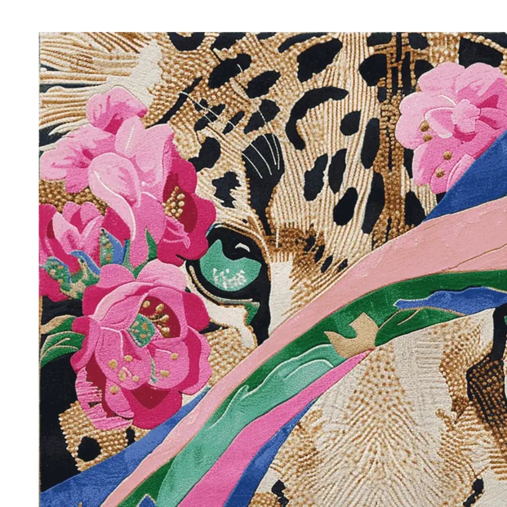 Close-up view of the Petals Meet Predator Hand Tufted Rug showcasing an abstract design with vibrant pink floral accents and a striking tiger motif. Ideal as a square area rug, this wool rug adds a bold statement to large living room spaces, combining elegance and uniqueness in rugs for living room decor.
