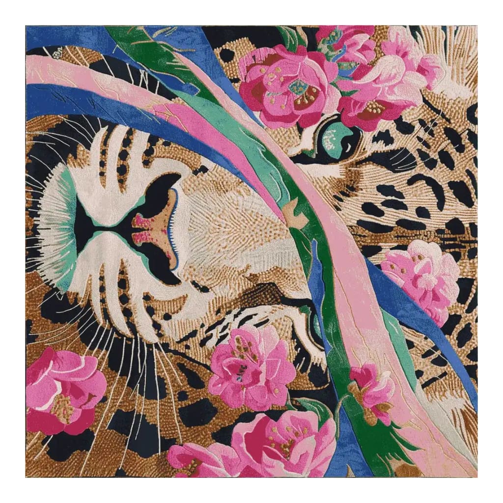 This area rug features a stunning abstract design with a bold mix of pink florals and a predator motif, ideal for a large living room. The hand-tufted wool rug showcases intricate details, making it a perfect choice for those seeking a unique square rug to enhance their home's decor.