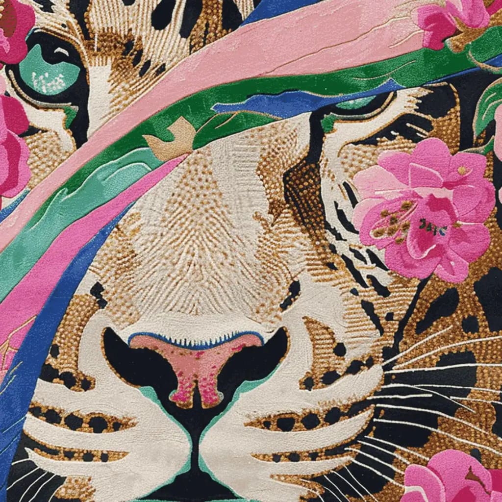 Close-up view of a Petals Meet Predator hand-tufted wool rug featuring an abstract tiger face design with vibrant floral patterns. This square area rug is ideal for large living rooms, combining a unique artistic flair with the practical elegance of a wool rug.