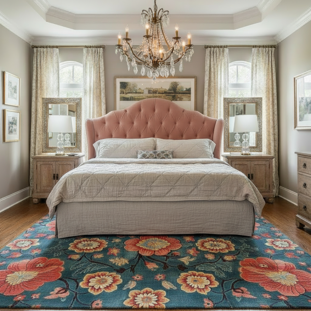 Luxurious bedroom with a pink upholstered bed, floral rug, and chandelier.