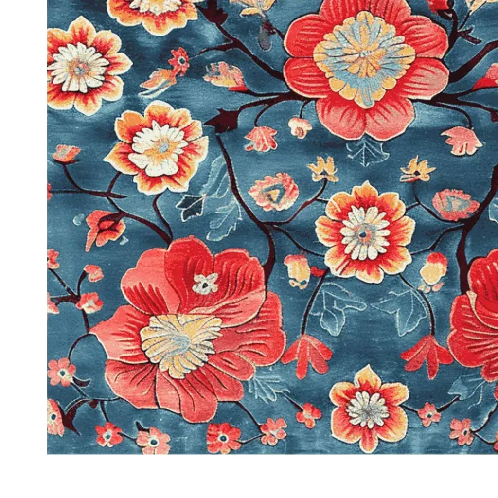 Vibrant Petals of Flame hand tufted area rug featuring a bold floral design. Perfect for adding a splash of color to dining rooms or as an 8x10 living room rug. Made from quality wool, this elegant rug showcases intricate flower patterns on a rich blue background, making it an ideal choice for dining room carpets and floral rug enthusiasts.