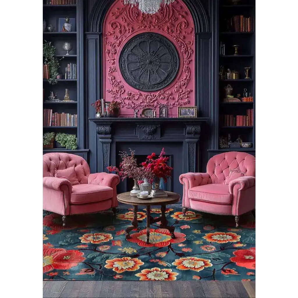 Elegant living room featuring a vibrant Petals of Flame hand tufted area rug. The floral rug with bold red and orange flowers is perfectly suited for living room rugs 8x10 settings. It complements the plush pink chairs and dark wood furniture, creating a cozy and stylish dining room or living room ambiance.