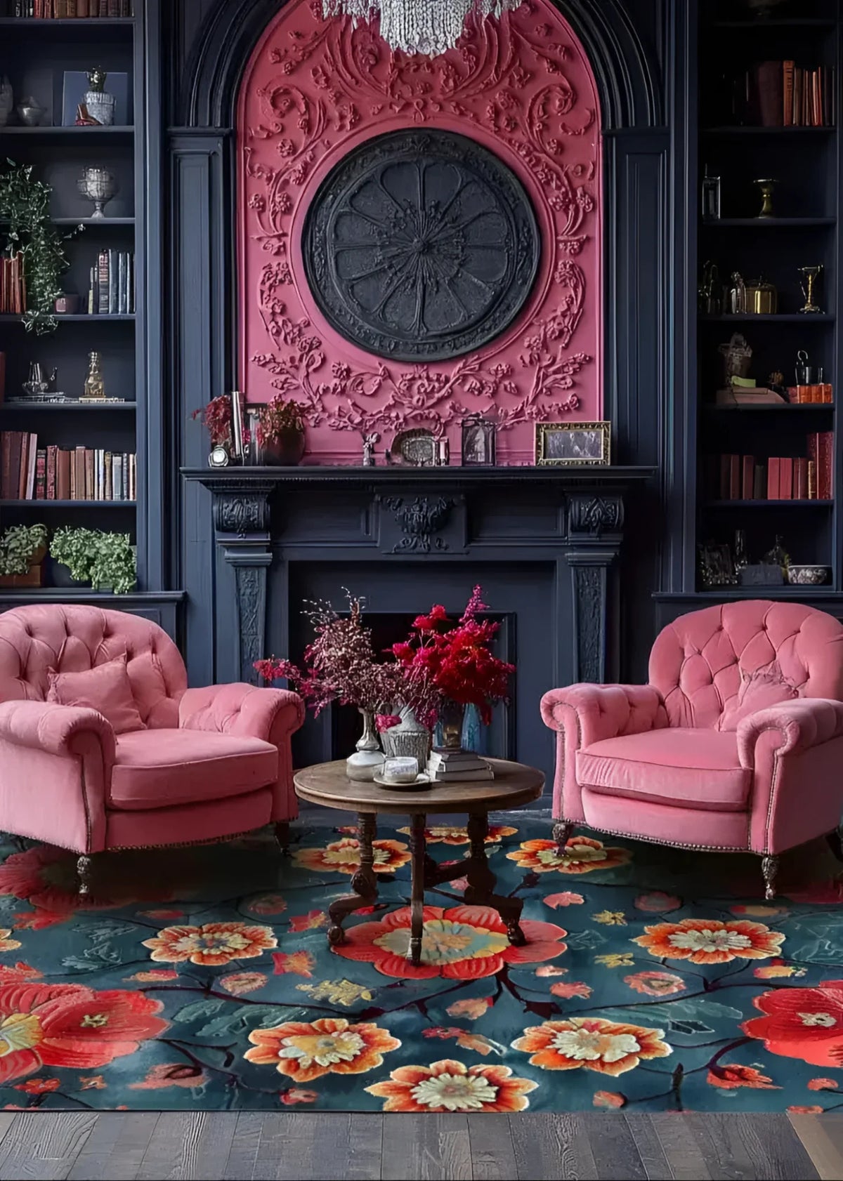 Elegant living room featuring a vibrant Petals of Flame hand tufted area rug. The floral rug with bold red and orange flowers is perfectly suited for living room rugs 8x10 settings. It complements the plush pink chairs and dark wood furniture, creating a cozy and stylish dining room or living room ambiance.