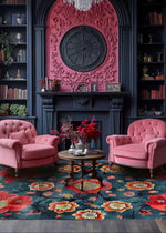 Elegant living room featuring a vibrant Petals of Flame hand tufted area rug. The floral rug with bold red and orange flowers is perfectly suited for living room rugs 8x10 settings. It complements the plush pink chairs and dark wood furniture, creating a cozy and stylish dining room or living room ambiance.