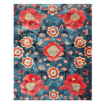 Vibrant Petals of Flame hand tufted area rug featuring a stunning floral design in rich reds and oranges set against a deep blue background, perfect for adding a touch of elegance to dining rooms or living room spaces. This wool rug, sized 8x10, serves as an exquisite dining room carpet or a standout piece among living room rugs.