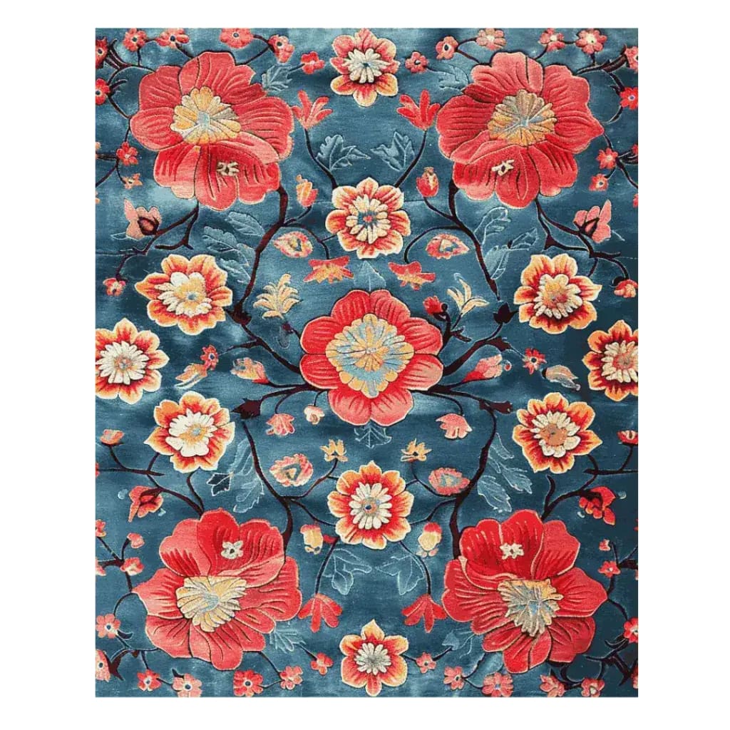 Vibrant Petals of Flame hand tufted area rug featuring a stunning floral design in rich reds and oranges set against a deep blue background, perfect for adding a touch of elegance to dining rooms or living room spaces. This wool rug, sized 8x10, serves as an exquisite dining room carpet or a standout piece among living room rugs.