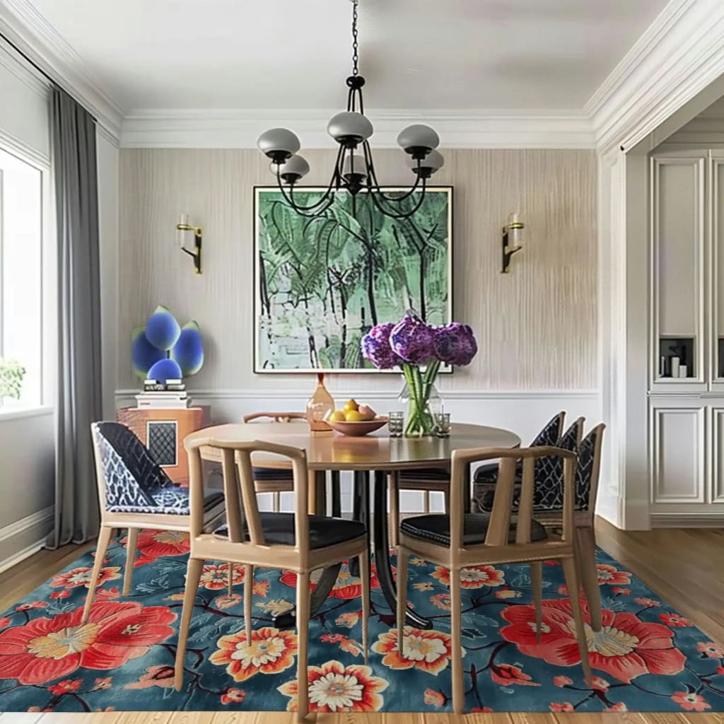 Stylish dining room featuring an eye-catching Petals of Flame hand tufted area rug. The vibrant floral rug in rich red, orange, and blue hues adds a touch of elegance to the space, complementing the wooden dining table and modern chairs. Perfect for enhancing dining room carpets or living room rugs 8x10. The wool rug's intricate design seamlessly fits with the room's decor, creating a warm and inviting atmosphere.