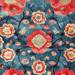Vibrant Petals of Flame hand tufted area rug featuring bold red and orange floral patterns against a deep blue background. Perfect for adding a touch of elegance to your dining room or living room, this 8x10 wool rug combines style with comfort, making it an ideal choice for dining room carpets and floral rugs.