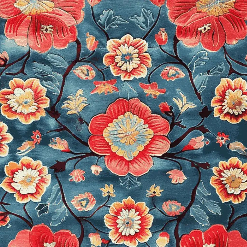 Vibrant Petals of Flame hand tufted area rug featuring bold red and orange floral patterns against a deep blue background. Perfect for adding a touch of elegance to your dining room or living room, this 8x10 wool rug combines style with comfort, making it an ideal choice for dining room carpets and floral rugs.