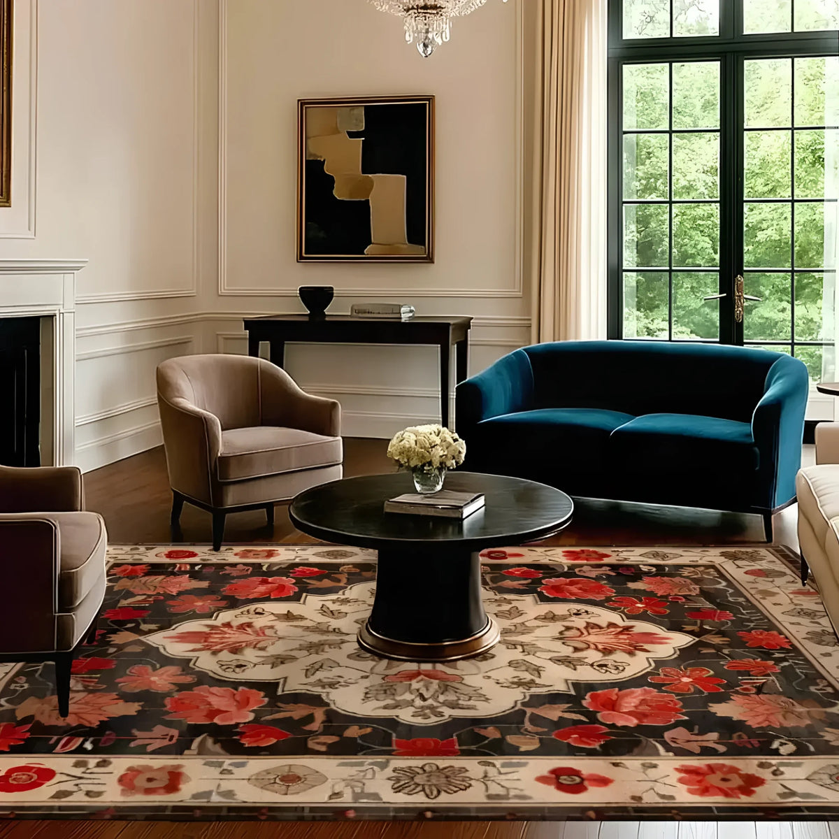 Elegant living room featuring the Petals of Heritage Hand Knotted Area Rug. This stunning 8x10 floral rug showcases intricate vintage Persian designs with vibrant red and cream tones, enhancing the classic decor. Ideal for those seeking luxurious living room area rugs.