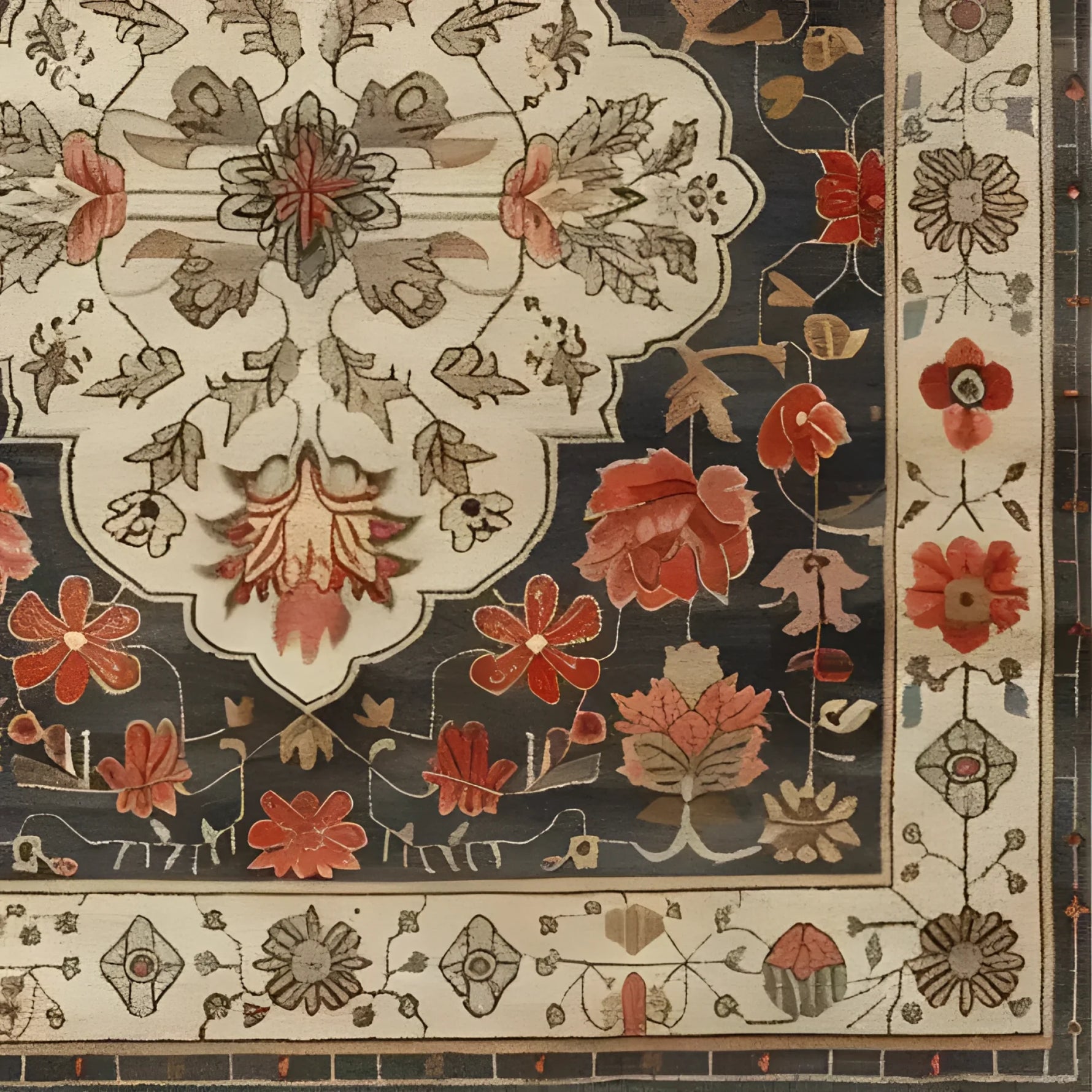 Close-up of the Petals of Heritage Hand Knotted Area Rug, showcasing an intricate floral pattern with vintage Persian rug design elements. Ideal for those seeking an elegant living room area rug in an 8x10 size, this exquisite piece blends traditional charm with the beauty of floral motifs.