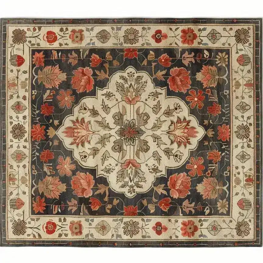 The Petals of Heritage Hand Knotted Area Rug features an elegant floral design with intricate patterns. This vintage rug, perfect for living room spaces, measures 8x10 and showcases a Persian-inspired aesthetic. Its rich colors and detailed motifs make it an ideal choice for those seeking a classic and sophisticated living room area rug.