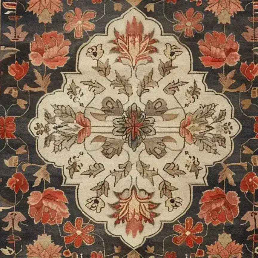 Elegant Petals of Heritage Hand Knotted Area Rug featuring a vintage floral design in rich tones, perfect for an 8x10 living room area. This Persian-style rug showcases intricate patterns with vibrant red and earthy brown flowers, adding a touch of classic elegance to any space.