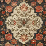 Elegant Petals of Heritage Hand Knotted Area Rug featuring a vintage floral design in rich tones, perfect for an 8x10 living room area. This Persian-style rug showcases intricate patterns with vibrant red and earthy brown flowers, adding a touch of classic elegance to any space.