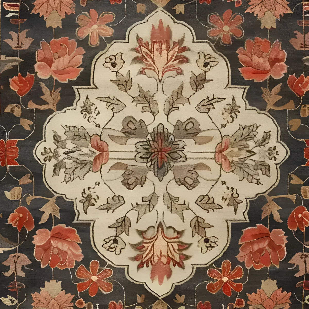 Elegant Petals of Heritage Hand Knotted Area Rug featuring a vintage floral design in rich tones, perfect for an 8x10 living room area. This Persian-style rug showcases intricate patterns with vibrant red and earthy brown flowers, adding a touch of classic elegance to any space.