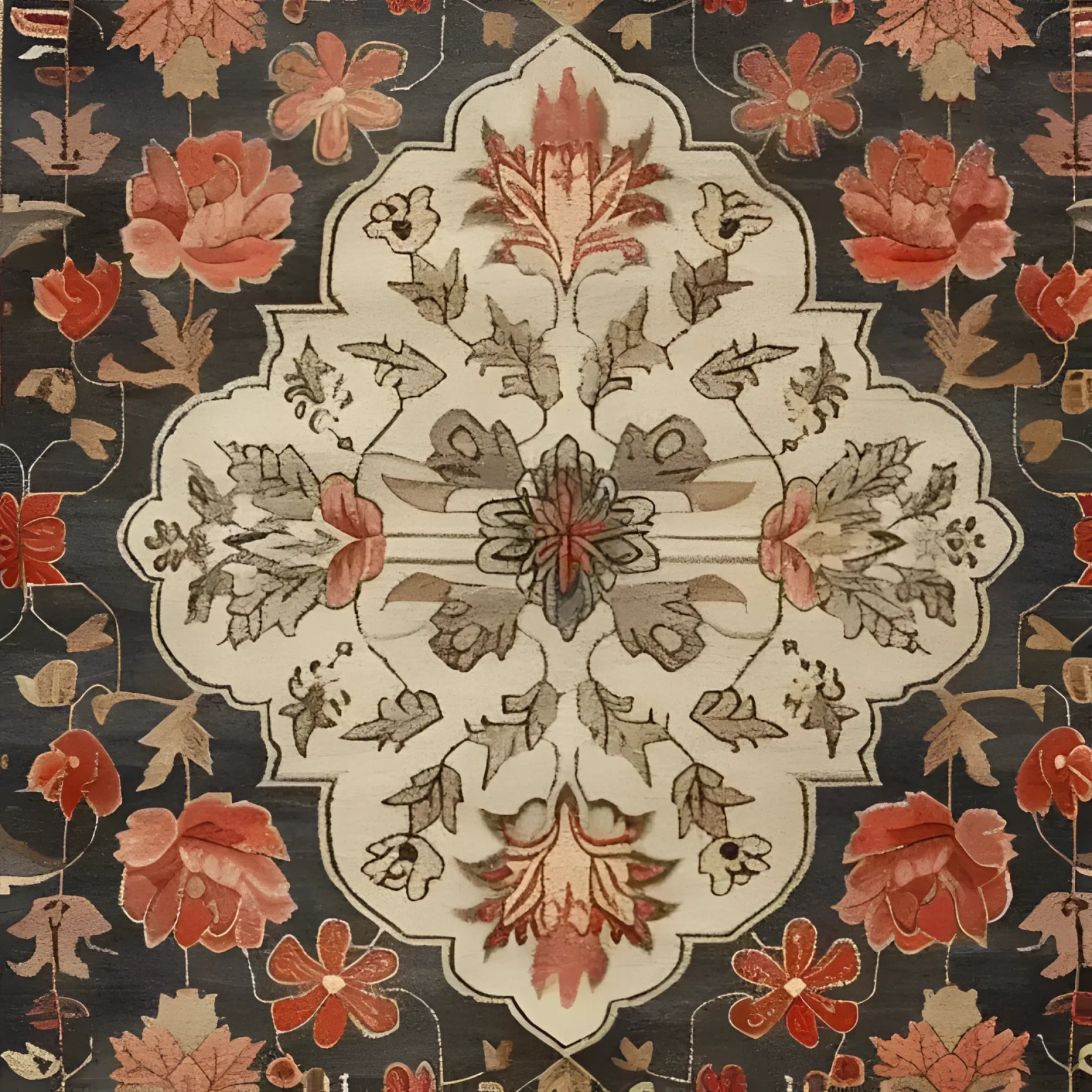 Elegant Petals of Heritage Hand Knotted Area Rug featuring a vintage floral design in rich tones, perfect for an 8x10 living room area. This Persian-style rug showcases intricate patterns with vibrant red and earthy brown flowers, adding a touch of classic elegance to any space.