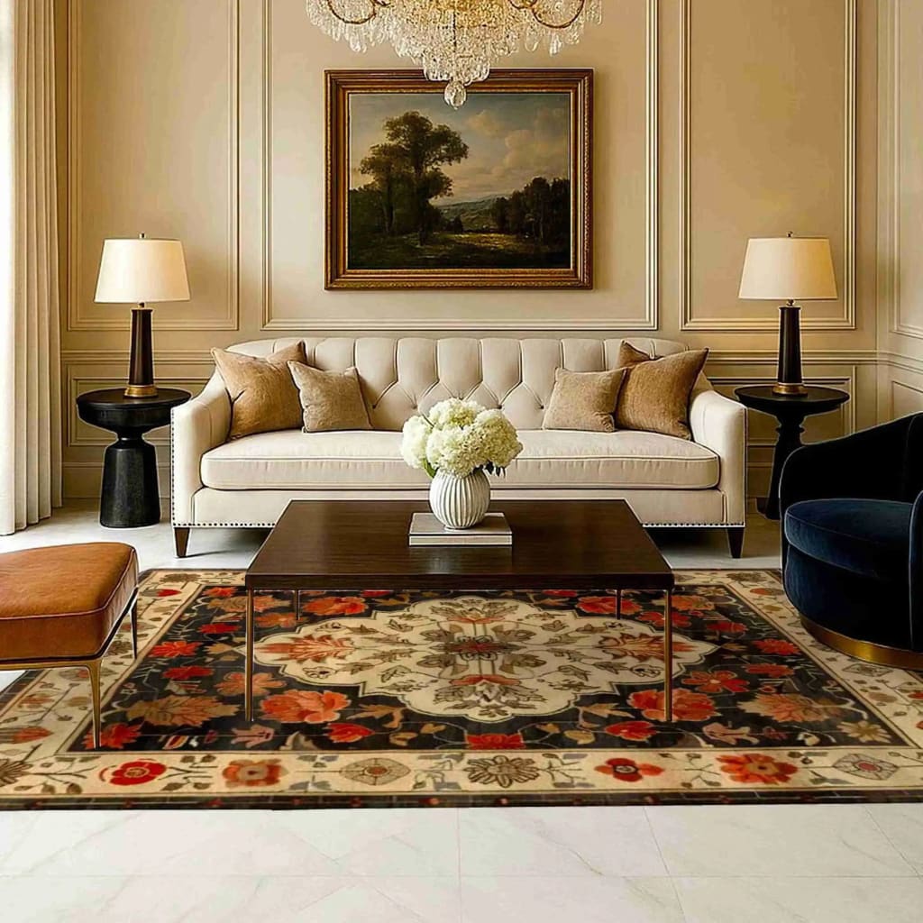 A beautifully designed living room featuring the Petals of Heritage Hand Knotted Area Rug. This exquisite floral rug, with its vintage Persian-inspired design, adds a touch of elegance and warmth to the space. Perfectly sized for a living room, this 8x10 area rug complements the neutral tones of the sofa and decor, creating a harmonious and inviting atmosphere.