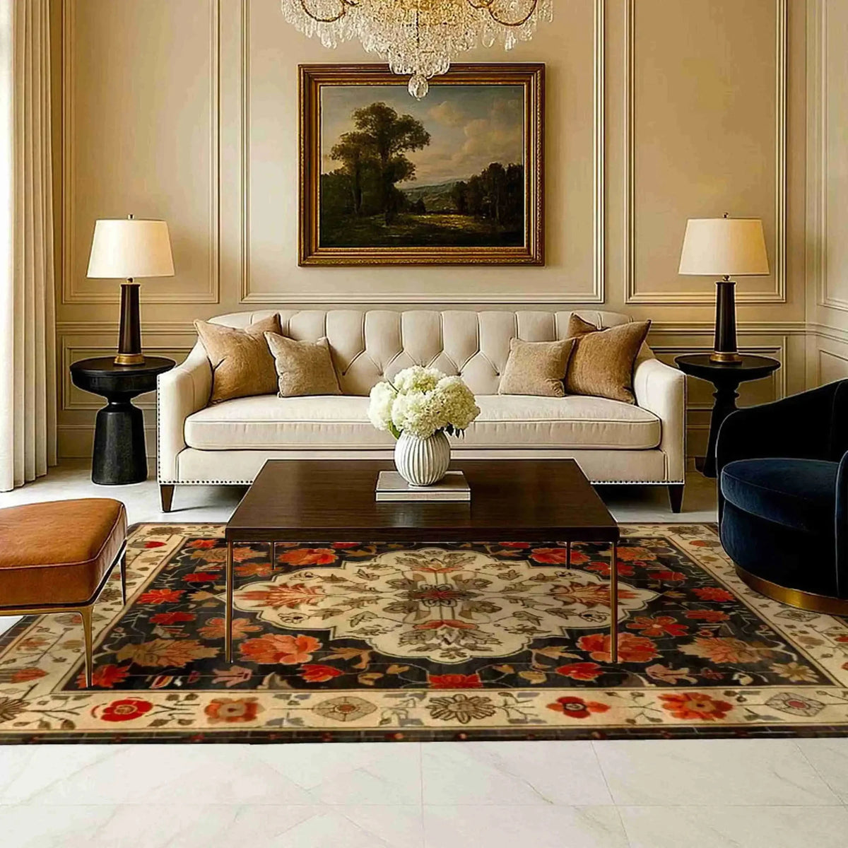 A beautifully designed living room featuring the Petals of Heritage Hand Knotted Area Rug. This exquisite floral rug, with its vintage Persian-inspired design, adds a touch of elegance and warmth to the space. Perfectly sized for a living room, this 8x10 area rug complements the neutral tones of the sofa and decor, creating a harmonious and inviting atmosphere.