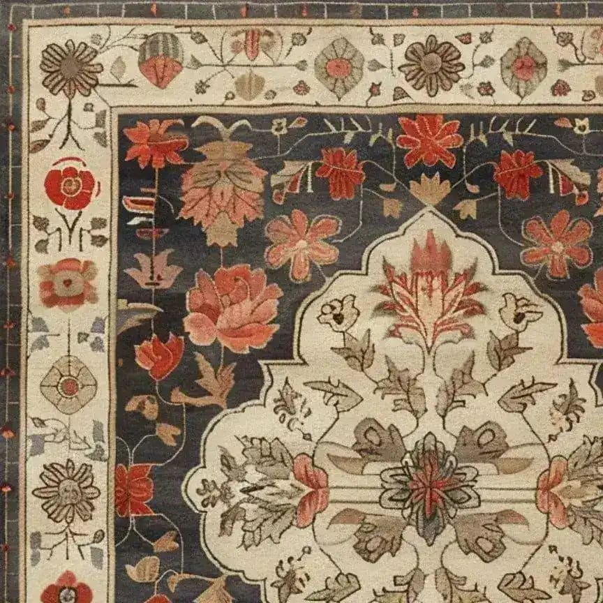 Close-up of the Petals of Heritage Hand Knotted Area Rug, showcasing intricate floral patterns in vibrant reds and oranges on a rich navy background. Perfect for elevating living room decor, this vintage-inspired Persian rug adds elegance and charm to any space. Ideal for those seeking an exquisite 8x10 living room area rug.