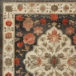 Close-up of the Petals of Heritage Hand Knotted Area Rug, showcasing intricate floral patterns in vibrant reds and oranges on a rich navy background. Perfect for elevating living room decor, this vintage-inspired Persian rug adds elegance and charm to any space. Ideal for those seeking an exquisite 8x10 living room area rug.