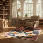 Cozy living room with a floral rug, armchair, and bookshelf.