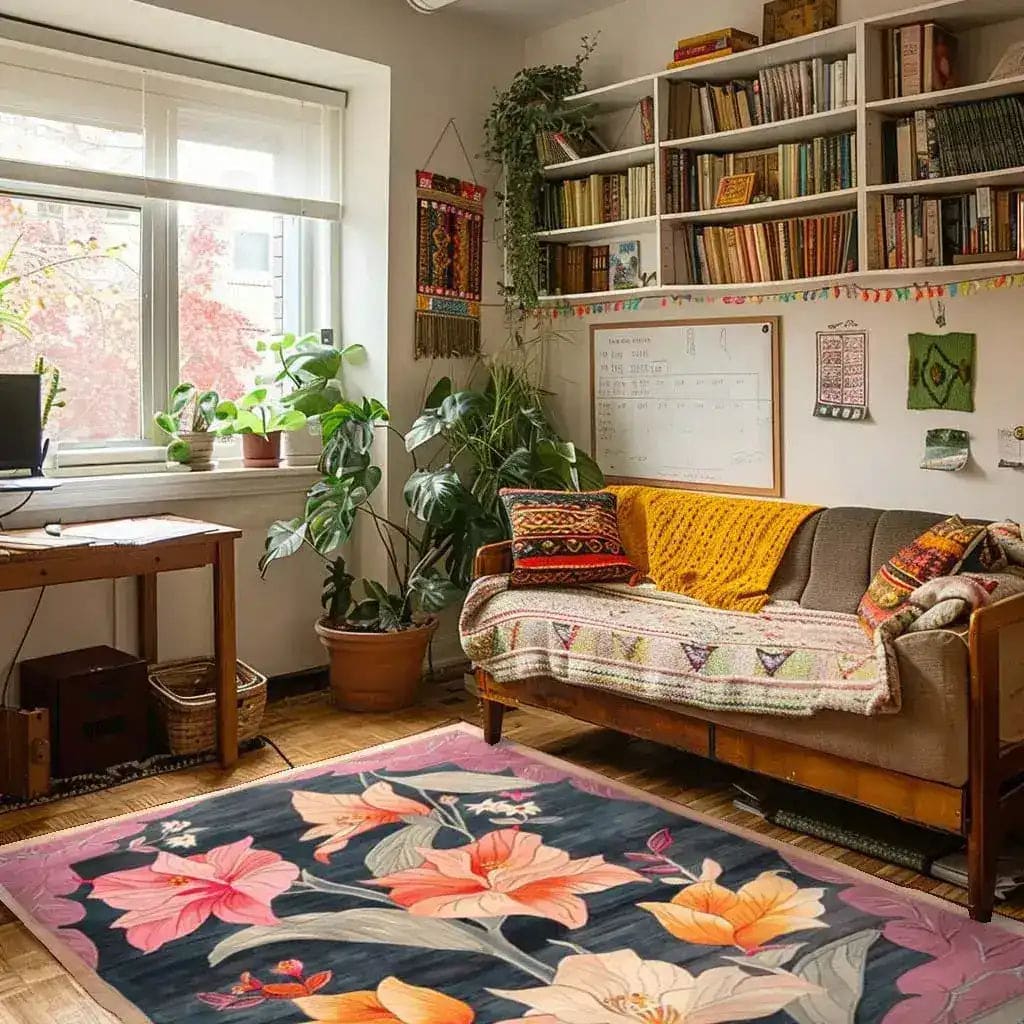 A vibrant Petals Panorama Hand Tufted Rug featuring a striking floral design in a cozy living room setting. This wool area rug showcases large, colorful flowers, adding a vintage charm to the space. Perfect for dining rooms or living rooms, its bold pattern enhances the warmth and style of formal dining room rugs.