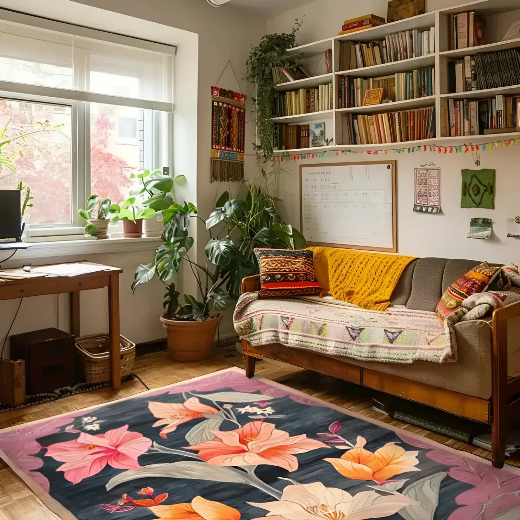 A vibrant Petals Panorama Hand Tufted Rug featuring a striking floral design in a cozy living room setting. This wool area rug showcases large, colorful flowers, adding a vintage charm to the space. Perfect for dining rooms or living rooms, its bold pattern enhances the warmth and style of formal dining room rugs.