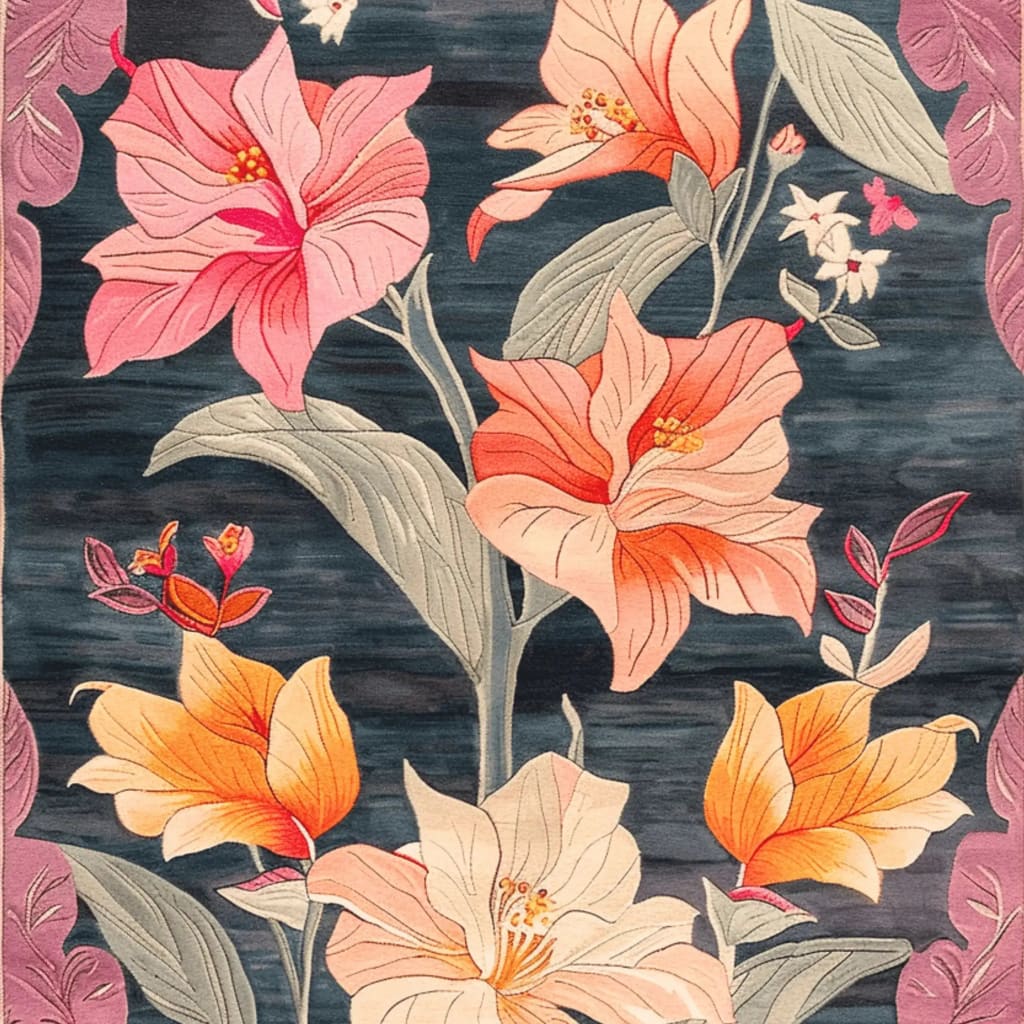 The Petals Panorama Hand Tufted Rug is an exquisite area rug featuring a vibrant floral design. Perfect for dining rooms, living rooms, or formal dining areas, this vintage-style wool rug adds a touch of elegance with its colorful blooms and lush leaves.
