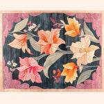 Vibrant area rug featuring a vintage floral design with large blooming petals in shades of pink, orange, and yellow on a dark background. Perfect for adding a touch of elegance to dining rooms or living spaces, this wool rug brings a formal yet inviting atmosphere.