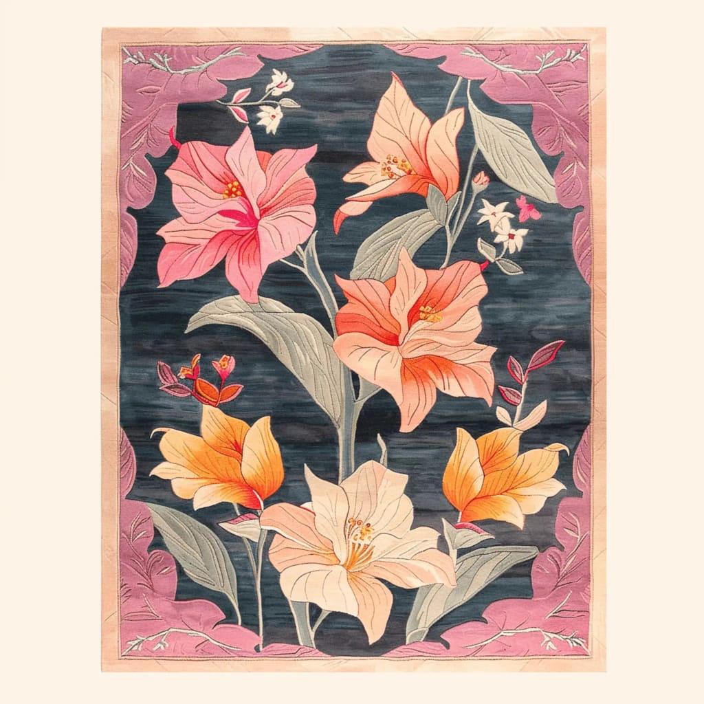 The Petals Panorama Hand Tufted Rug is an exquisite floral area rug designed for dining rooms and living spaces. This vintage-style wool rug features vibrant flowers in shades of pink, orange, and cream against a dark backdrop, framed by a soft purple border. Perfect for adding elegance to formal dining room settings or as a standout piece among dining room area rugs.