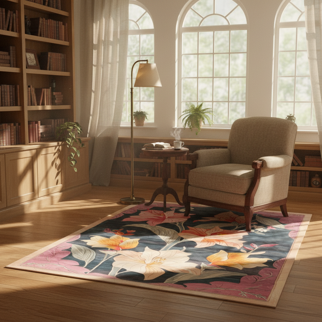 Cozy living room with a floral rug, armchair, and bookshelf.
