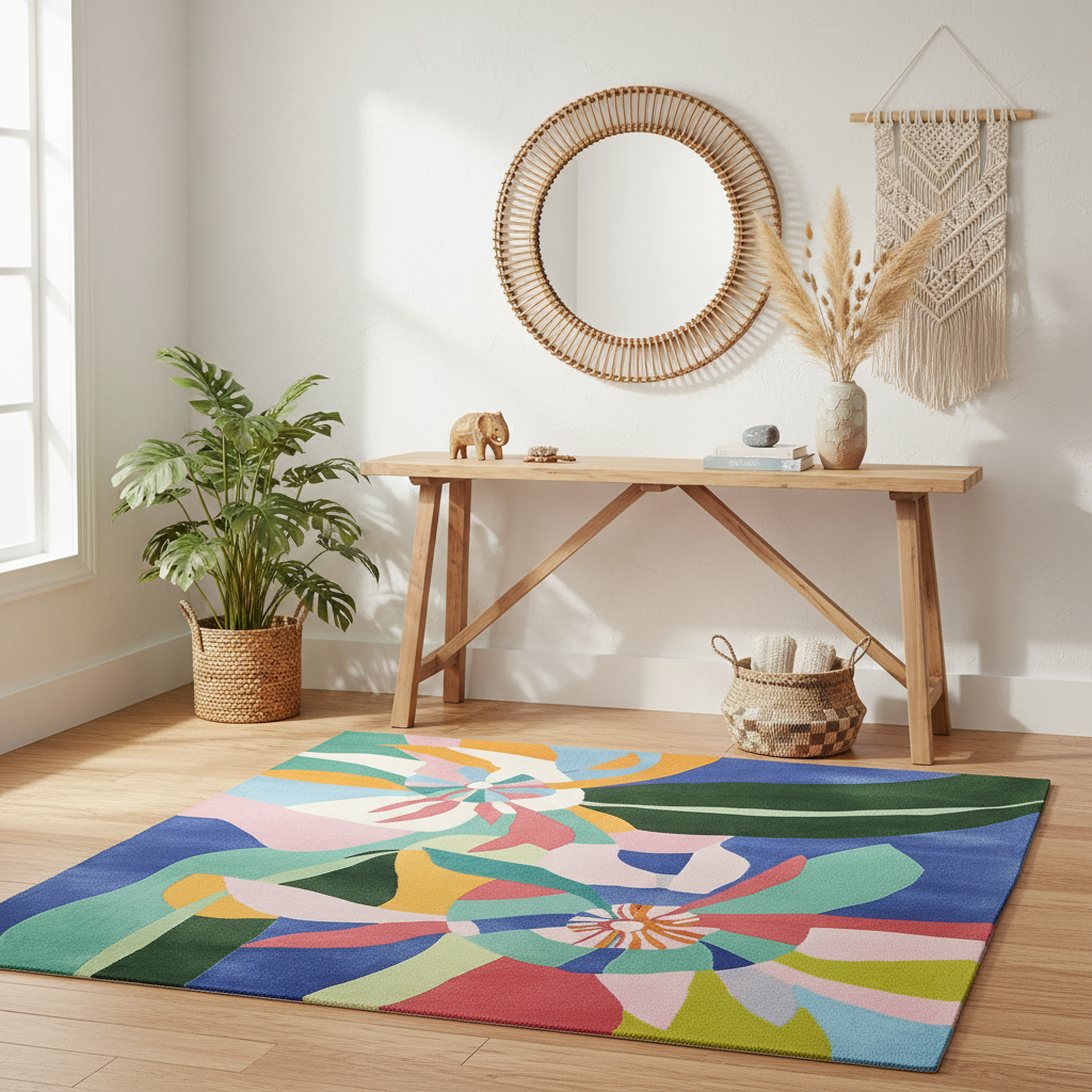 Colorful floral rug on a wooden floor with a wooden table and decorative items.