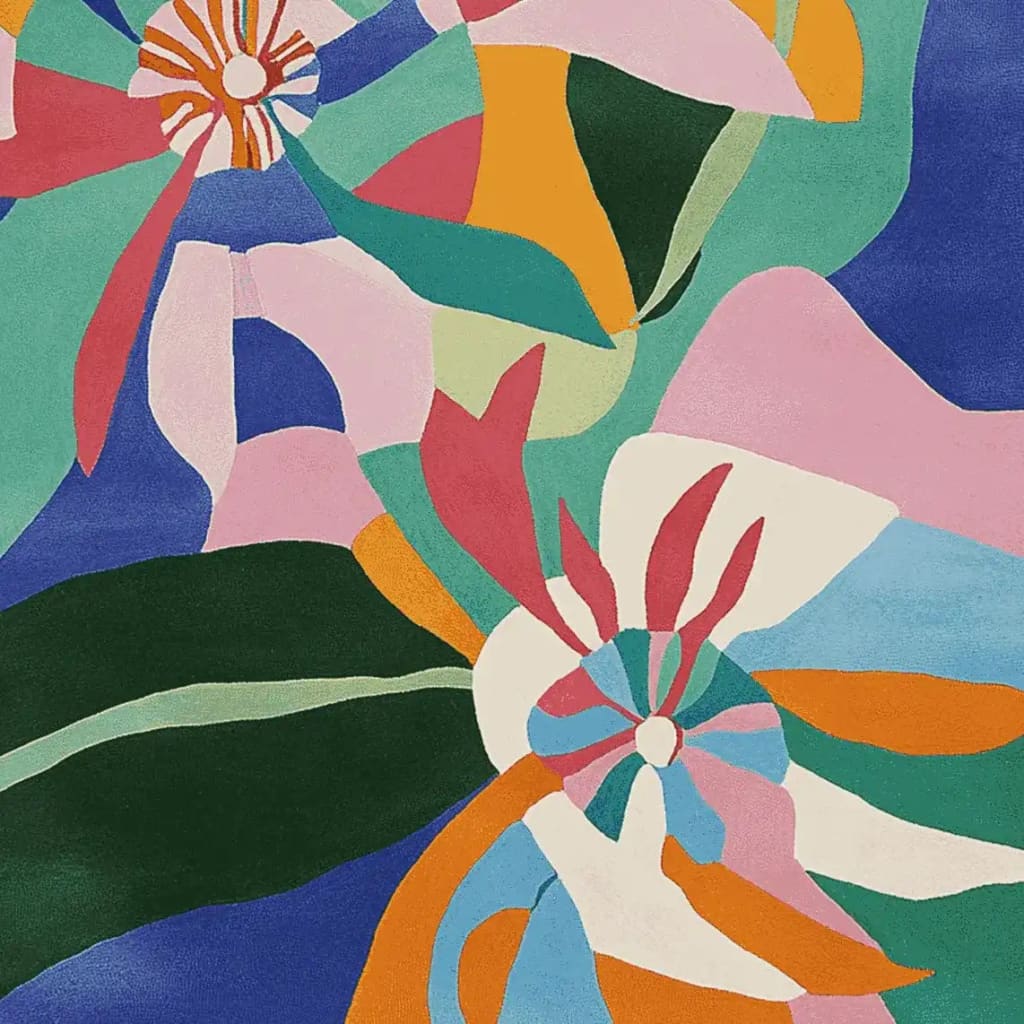 Vibrant and colorful Petalscape Layers Hand Tufted Area Rug featuring an abstract floral design. This contemporary wool rug is perfect for adding a splash of color to your living room. Ideal as a living room area rug, this piece combines artistic flair with functionality, making it an excellent choice for area rugs for living room decor.