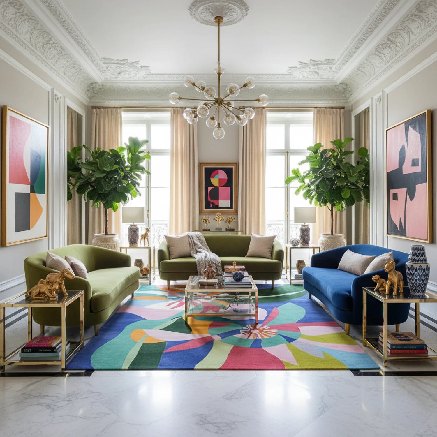Modern living room with colorful furniture, a contemporary hand-tufted wool rug,  and decor