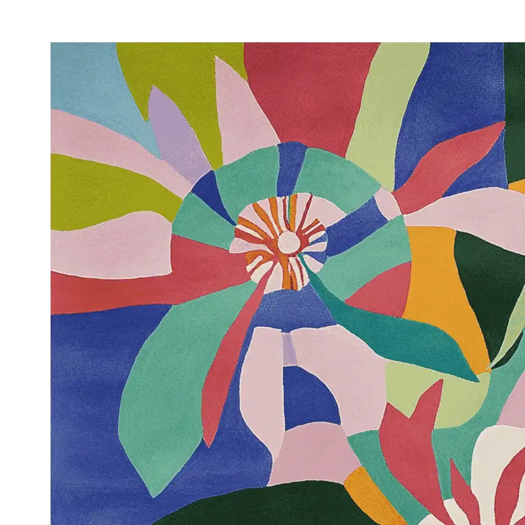 Vibrant and colorful area rug featuring bold abstract floral patterns, ideal for contemporary living room decor. This hand-tufted wool rug combines shades of blue, green, red, and yellow, enhancing modern aesthetics in area rugs for living rooms.