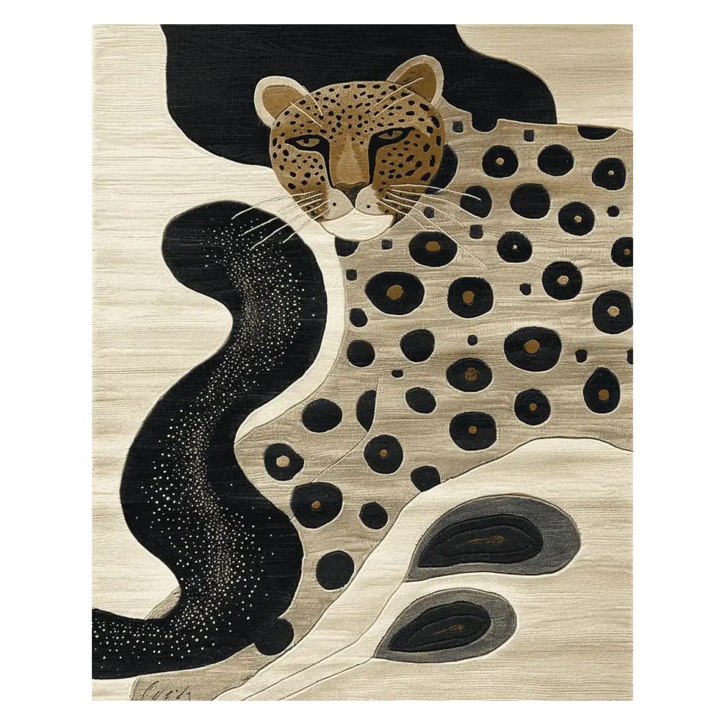 The Phantom Jungle Grace Hand Tufted Rug is a striking area rug featuring an abstract depiction of a leopard with bold black and tan spots, against a textured beige background. This contemporary wool rug is perfect for large living rooms, adding a touch of elegance and exotic flair to any space. It's an ideal choice for those seeking unique area rugs for living room decor.