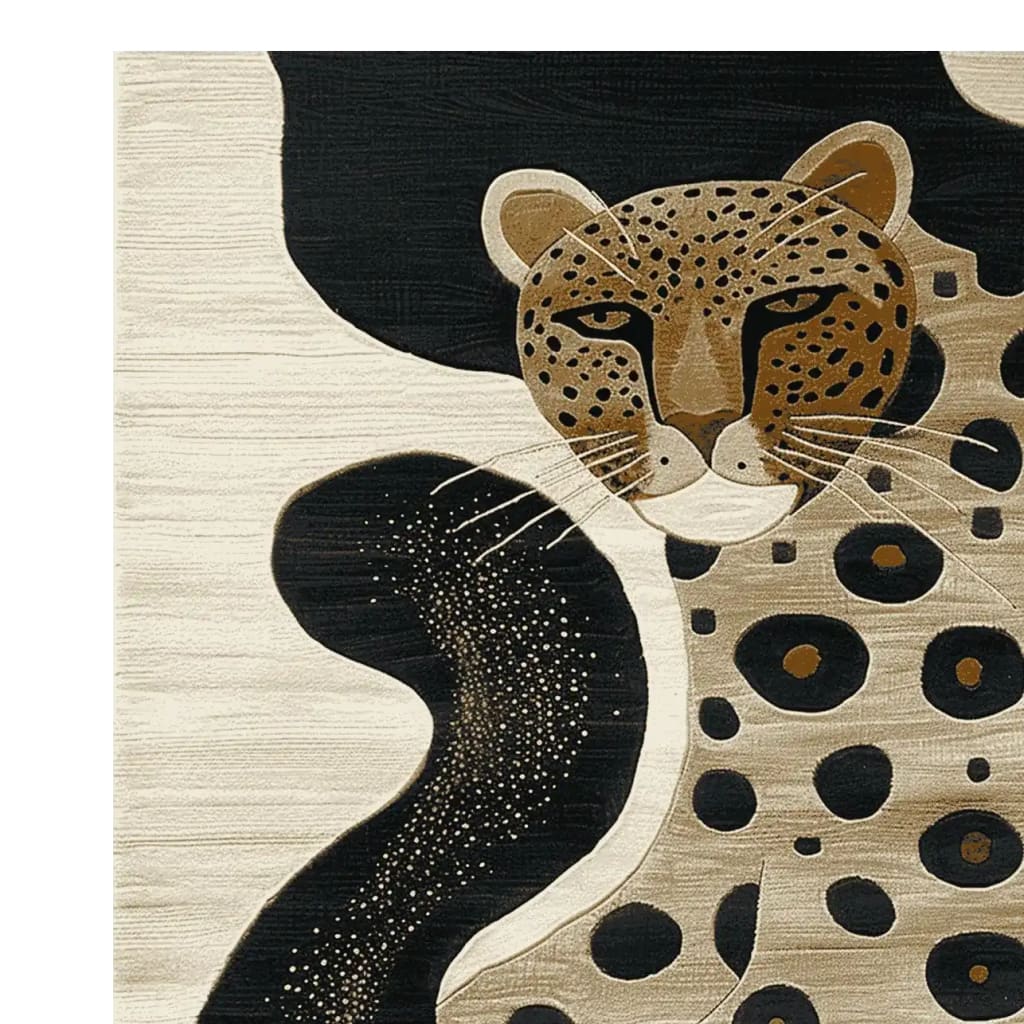 Close-up view of the Phantom Jungle Grace Hand Tufted Rug, showcasing an abstract leopard design in black, tan, and cream. This contemporary area rug, crafted from wool, is perfect for large living room spaces, offering both style and comfort.