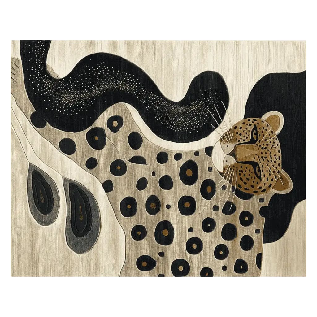 Enchanting Phantom Jungle Grace Hand Tufted Area Rug featuring an abstract depiction of a leopard with bold black and tan spots, perfect for contemporary and large living room spaces. This wool rug combines artistry with functionality, making it an ideal choice for area rugs for living room settings.