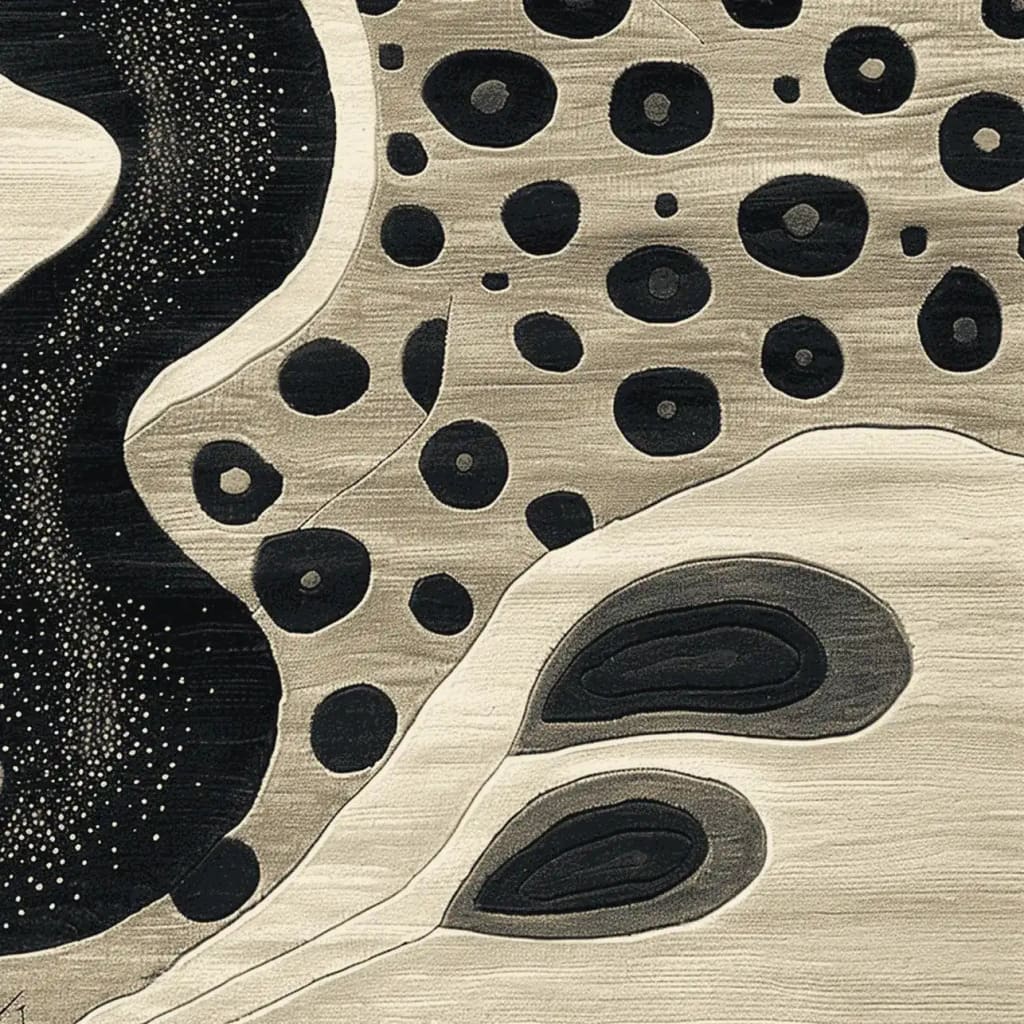 Close-up view of the Phantom Jungle Grace Hand Tufted Rug showcasing its abstract design with a mix of black and beige patterns. This contemporary wool area rug is perfect for large living rooms, adding an artistic touch to your space.