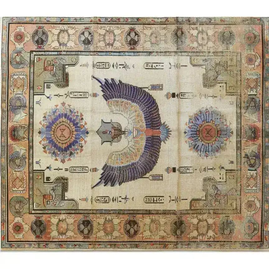 Pharaoh's Feathers Hand Knotted Area Rug showcasing an intricate vintage design. This 8x10 living room rug features a central motif reminiscent of Persian rugs, with elegant patterns and a rich color palette, perfect for adding a touch of history and elegance to your home decor.