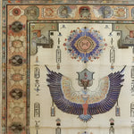 A beautifully detailed area rug titled 'Pharaoh's Feathers Hand Knotted Area Rug', featuring intricate Egyptian-inspired designs. This vintage rug showcases vibrant colors and ornate patterns, ideal for an 8x10 living room space. Perfect for those seeking Persian rugs to enhance their living room decor.