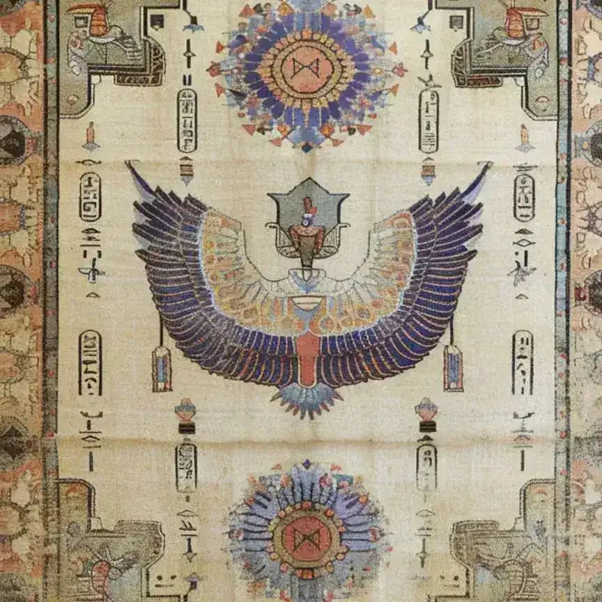 The Pharaoh's Feathers Hand Knotted Area Rug features intricate Egyptian-inspired designs, showcasing vibrant colors and a central motif of wings and hieroglyphs. This vintage rug is a perfect addition to any living room, especially in an 8x10 size, offering a Persian rugs aesthetic that enhances the warmth and elegance of your space.