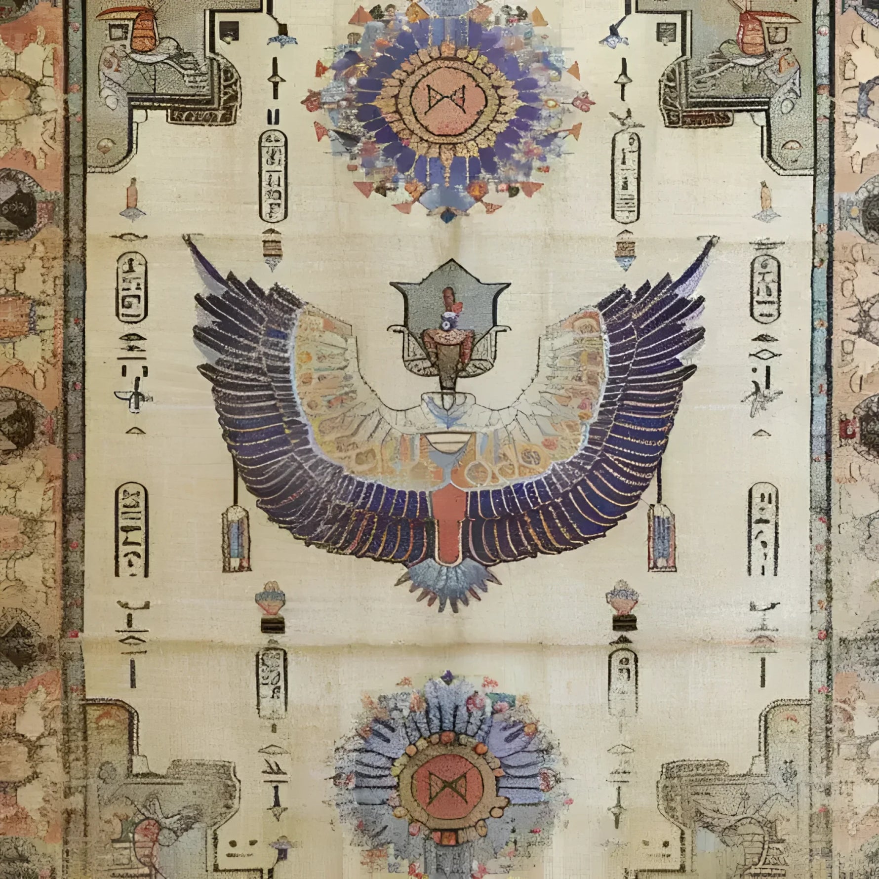The Pharaoh's Feathers Hand Knotted Area Rug features intricate Egyptian-inspired designs, showcasing vibrant colors and a central motif of wings and hieroglyphs. This vintage rug is a perfect addition to any living room, especially in an 8x10 size, offering a Persian rugs aesthetic that enhances the warmth and elegance of your space.