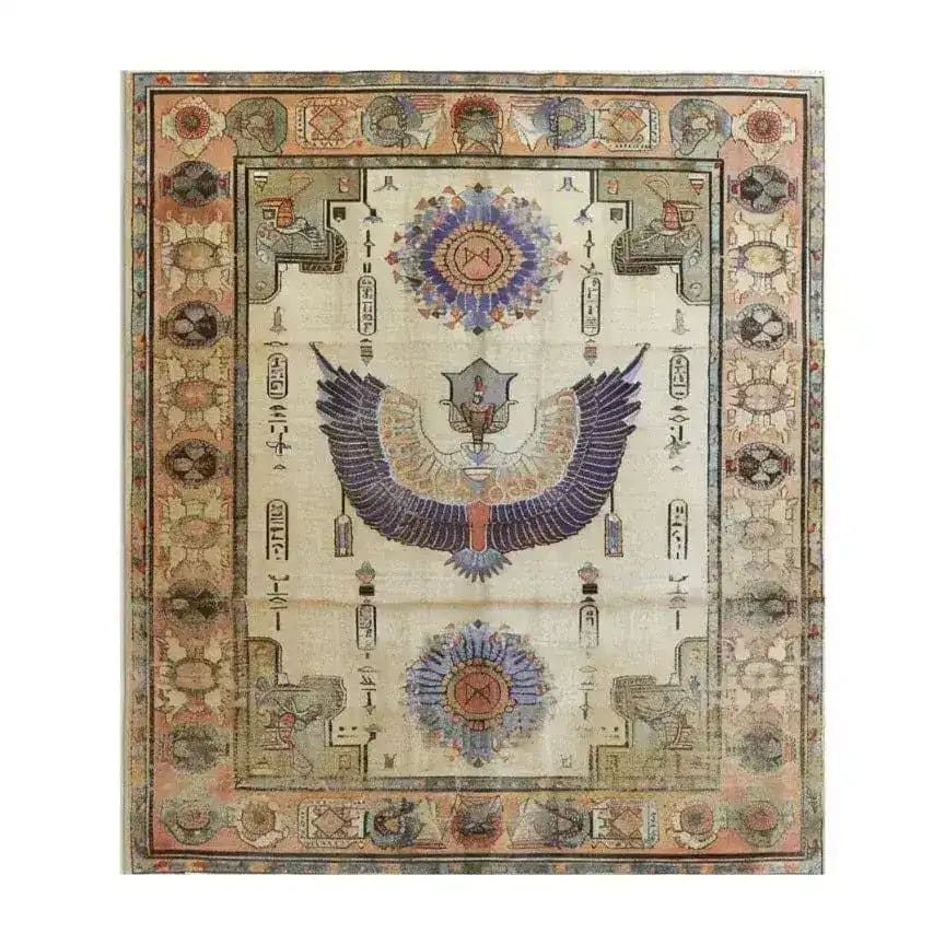 The Pharaoh's Feathers Hand Knotted Area Rug features a stunning Egyptian-inspired design with intricate patterns and vibrant colors. This vintage rug, perfect for living room rugs 8x10, showcases a central motif of an ancient symbol with elegantly spread wings, surrounded by ornate borders reminiscent of Persian rugs.