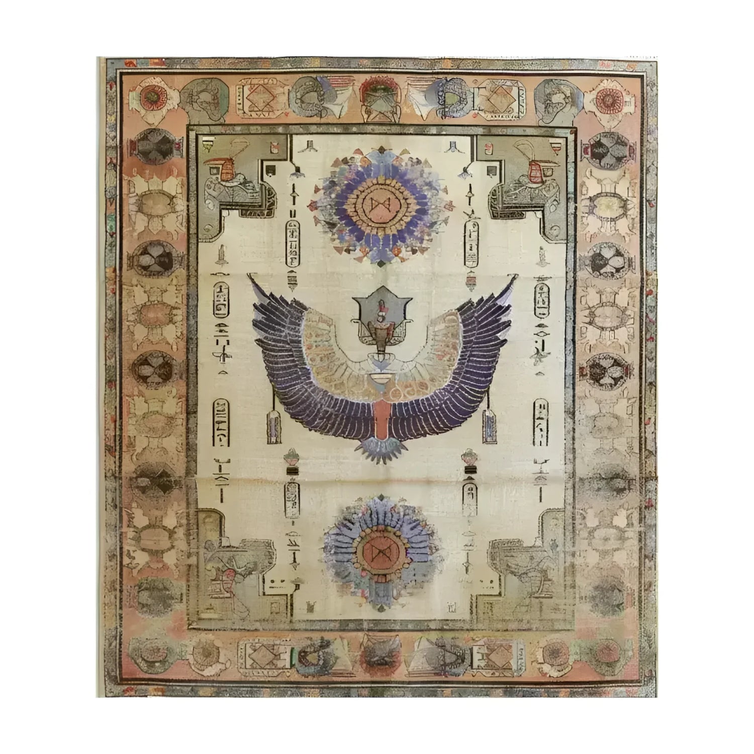 The Pharaoh's Feathers Hand Knotted Area Rug features a stunning Egyptian-inspired design with intricate patterns and vibrant colors. This vintage rug, perfect for living room rugs 8x10, showcases a central motif of an ancient symbol with elegantly spread wings, surrounded by ornate borders reminiscent of Persian rugs.