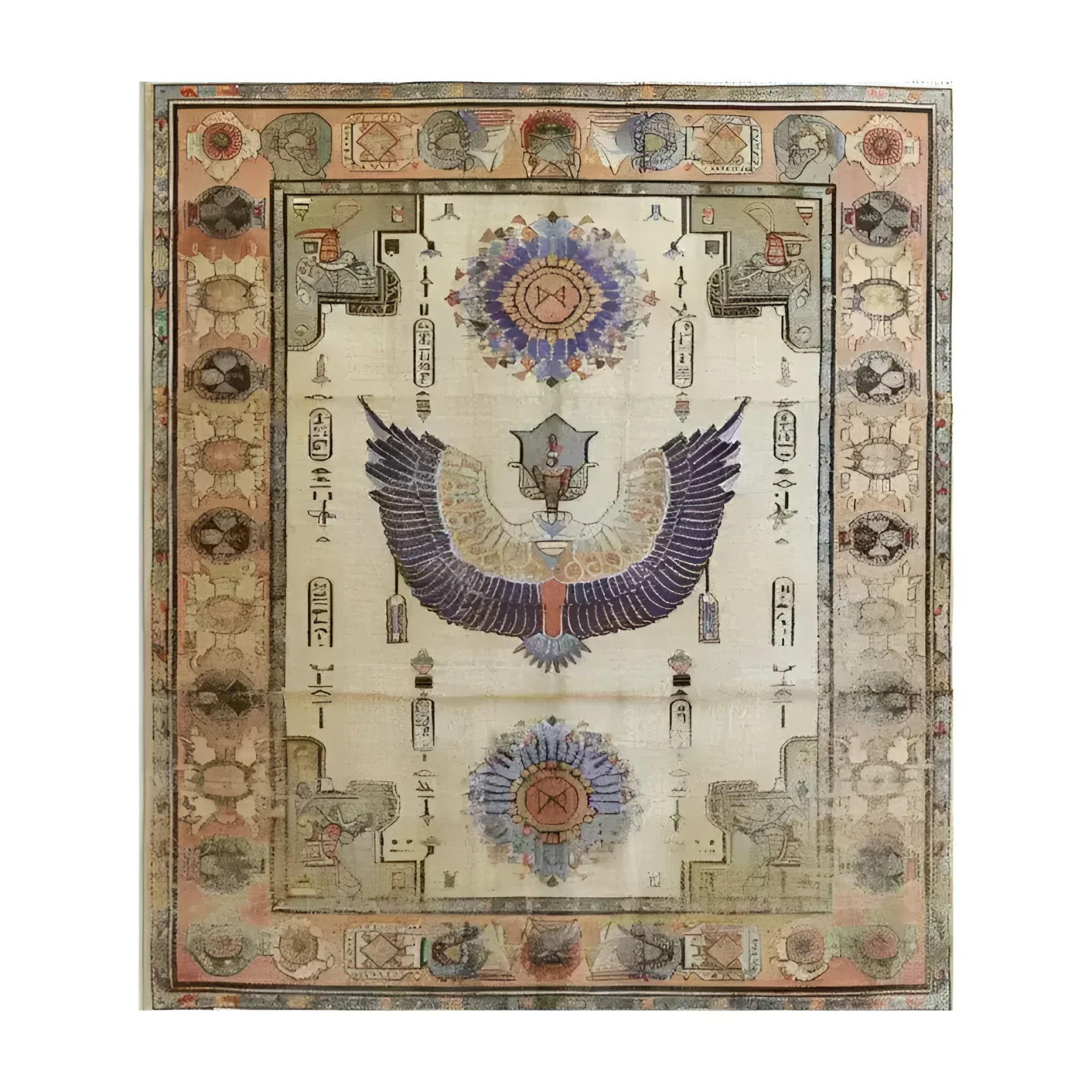 The Pharaoh's Feathers Hand Knotted Area Rug features a stunning Egyptian-inspired design with intricate patterns and vibrant colors. This vintage rug, perfect for living room rugs 8x10, showcases a central motif of an ancient symbol with elegantly spread wings, surrounded by ornate borders reminiscent of Persian rugs.
