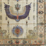 The Pharaoh's Feathers Hand Knotted Area Rug beautifully captures an Egyptian-inspired design with intricate detail. This vintage rug features a striking winged motif at its center, surrounded by ornate patterns and hieroglyphics, making it a perfect addition to any living room. Ideal for those seeking an 8x10 Persian rug, it adds a touch of historical elegance to your space.