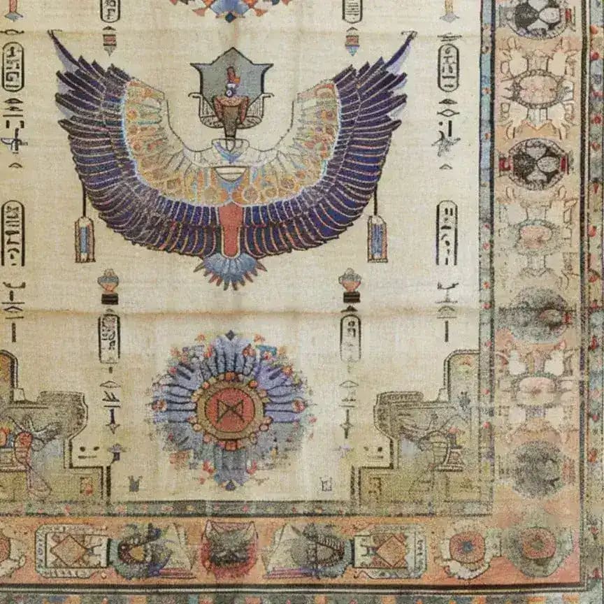 The Pharaoh's Feathers Hand Knotted Area Rug beautifully captures an Egyptian-inspired design with intricate detail. This vintage rug features a striking winged motif at its center, surrounded by ornate patterns and hieroglyphics, making it a perfect addition to any living room. Ideal for those seeking an 8x10 Persian rug, it adds a touch of historical elegance to your space.