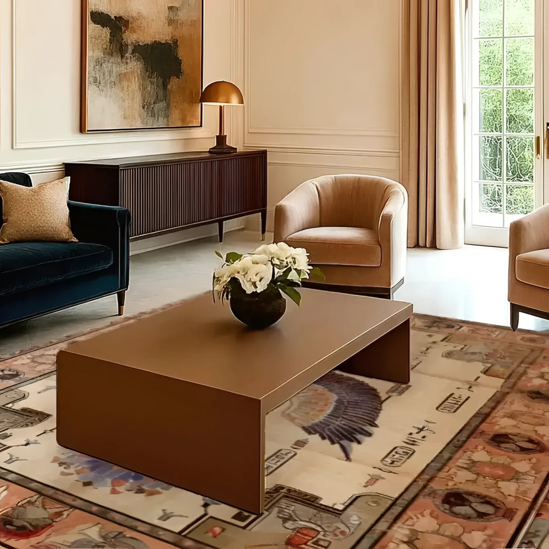 Elegant living room featuring the Pharaoh's Feathers Hand Knotted Area Rug with a vintage design. This 8x10 Persian rug complements the modern furniture, including a brown coffee table, a dark blue sofa, and beige armchairs. The rug's intricate patterns add a touch of sophistication to the space, perfect for those seeking stylish rugs for living rooms.